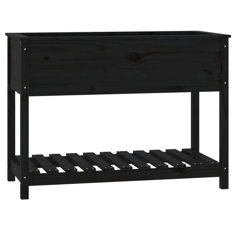 Jardinera Con Estante Madera Maciza Pino Negra 111,5x54x81 Cm