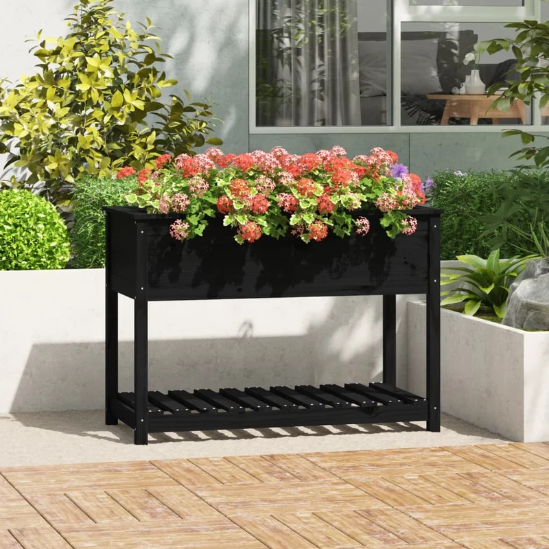 Jardinera Con Estante Madera Maciza Pino Negra 111,5x54x81 Cm