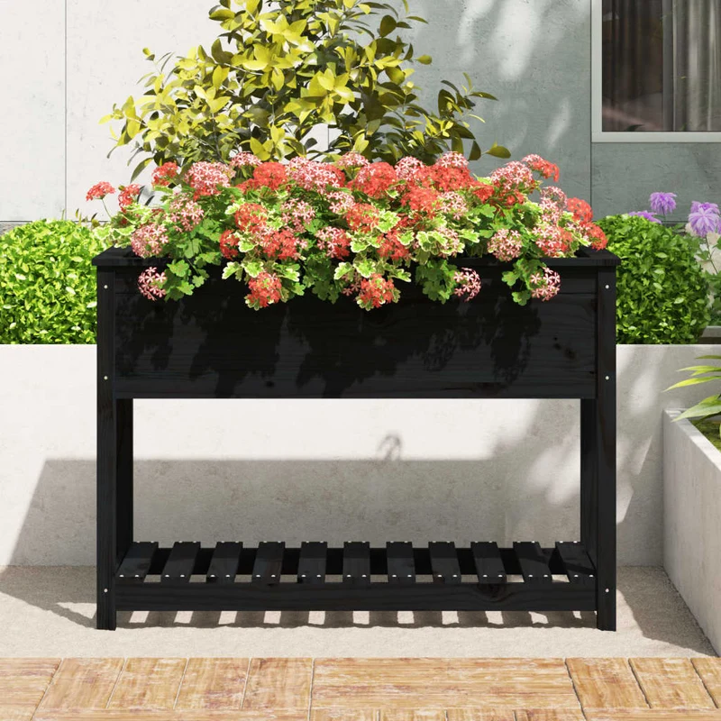 Jardinera Con Estante Madera Maciza Pino Negra 111,5x54x81 Cm