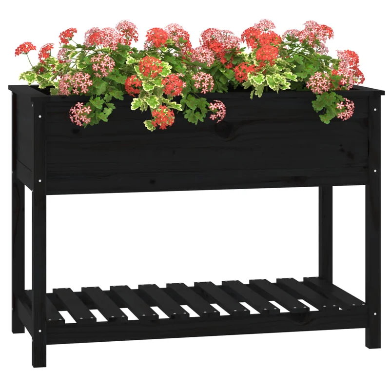 Jardinera Con Estante Madera Maciza Pino Negra 111,5x54x81 Cm
