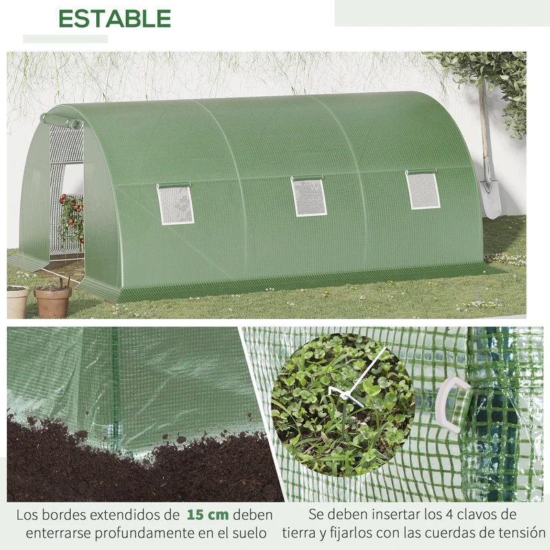 Outsunny Invernadero De Túnel 4,5x3x2 M Con Paredes Laterales Enrollables Verde