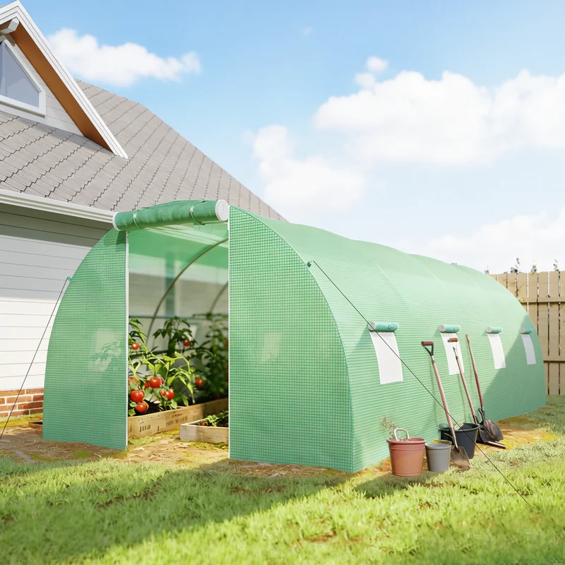 Outsunny Invernadero De Túnel 6x3x2 M Con Puerta Enrollable Y 8 Ventanas Verde