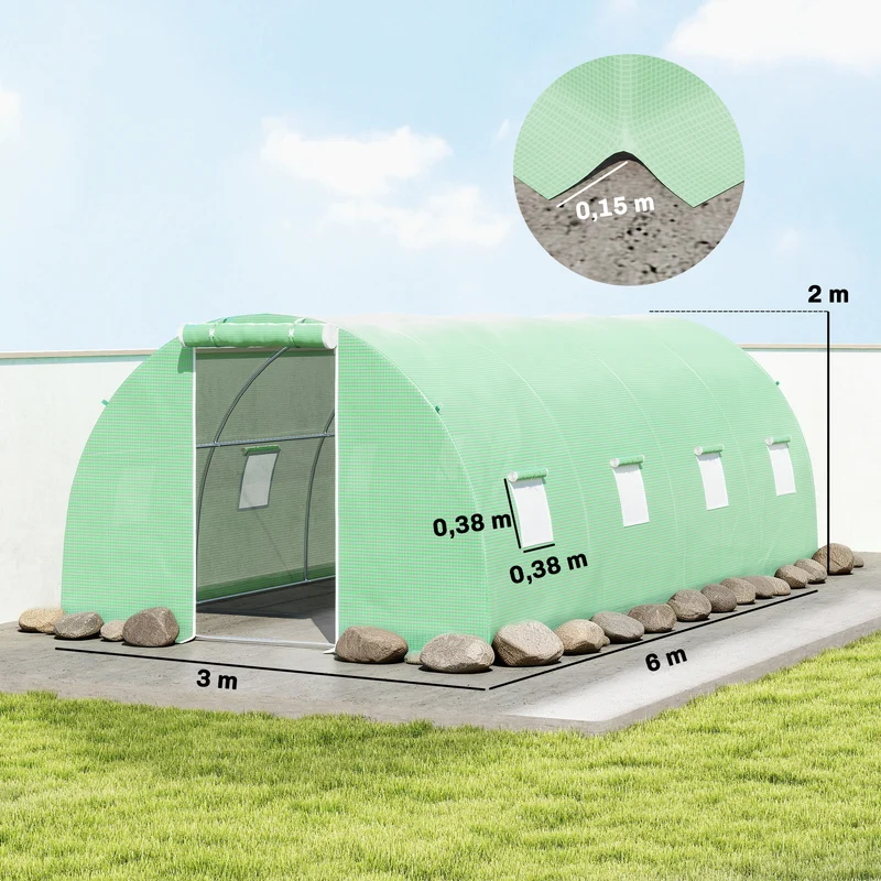 Outsunny Invernadero De Túnel 6x3x2 M Con Puerta Enrollable Y 8 Ventanas Verde