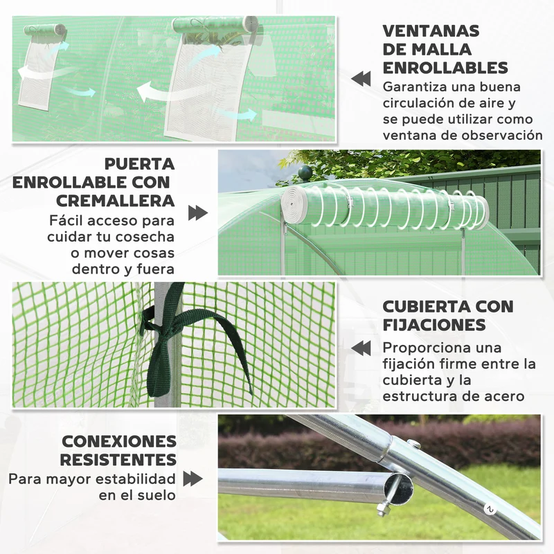 Outsunny Invernadero De Túnel 6x3x2 M Con Puerta Enrollable Y 8 Ventanas Verde