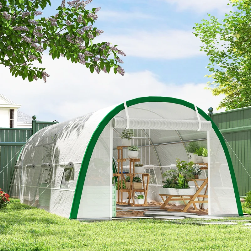 Outsunny Invernadero De Túnel 6x3x2 M Con Puerta Enrollable Y 8 Ventanas Blanco