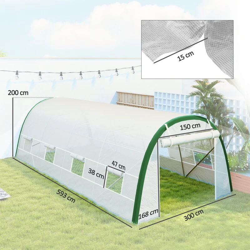 Outsunny Invernadero De Túnel 6x3x2 M Con Puerta Enrollable Y 8 Ventanas Blanco