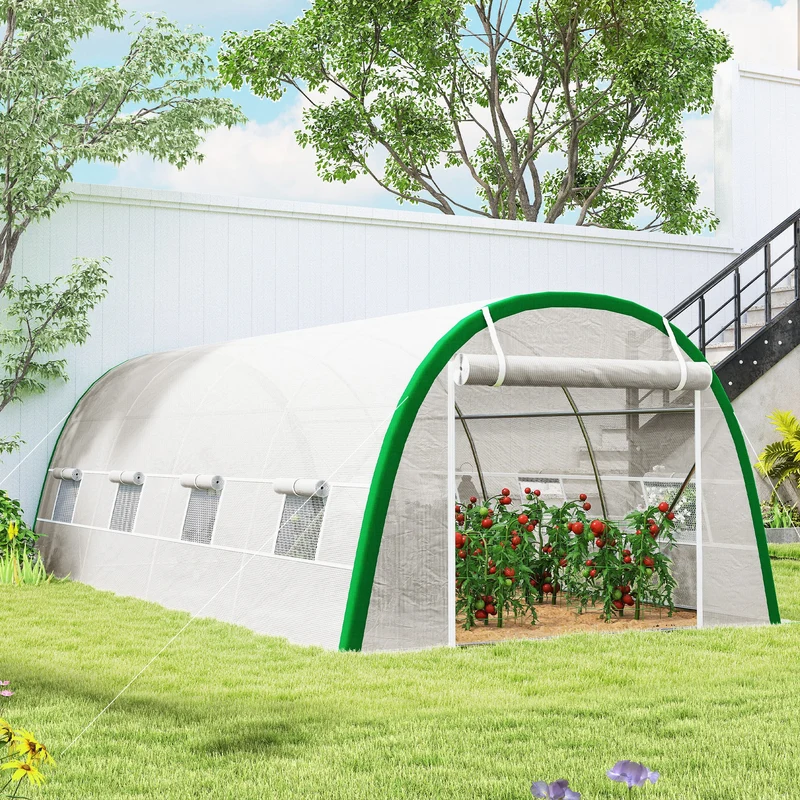 Outsunny Invernadero De Túnel 6x3x2 M Con Puerta Enrollable Y 8 Ventanas Blanco