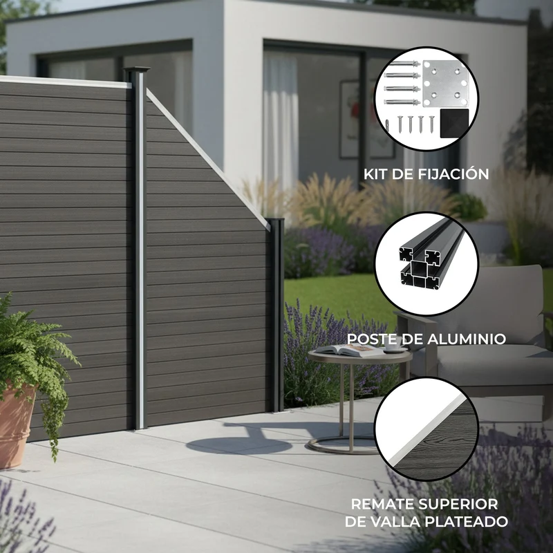 Vallas Para Exteriores De Wpc Y Aluminio - 1x Panel Oblicuo + 1x Poste | Gris