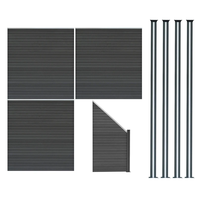 Vallas Para Exteriores De Wpc Y Aluminio - 3x Paneles Cuadrados + 1x Oblicuo + 4x Postes Con Led | Gris