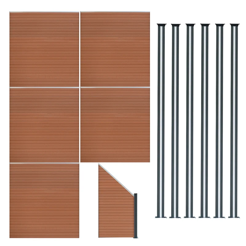 Vallas Para Exteriores De Wpc Y Aluminio - 5x Paneles Cuadrados + 1x Oblicuo + 6x Postes Con Led | Marrón