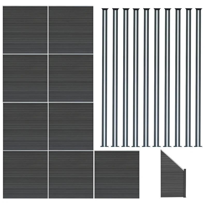 Vallas Para Exteriores De Wpc Y Aluminio - 9x Paneles Cuadrados + 1x Oblicuo + 10x Postes Con Led | Gris