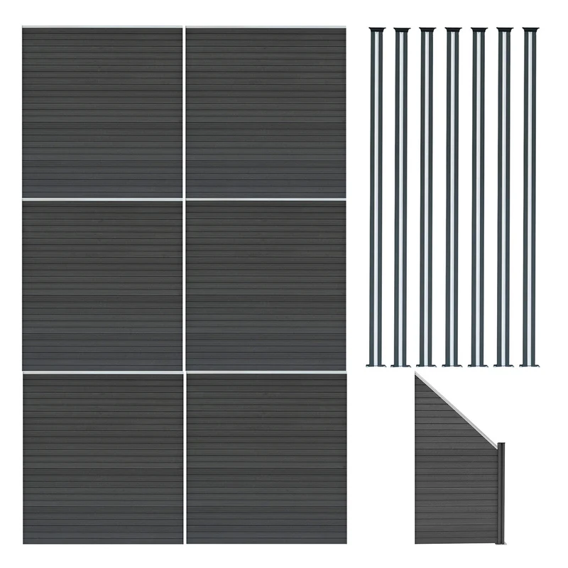 Vallas Para Exteriores De Wpc Y Aluminio - 6x Paneles Cuadrados + 1x Oblicuo + 7x Postes Con Led | Gris