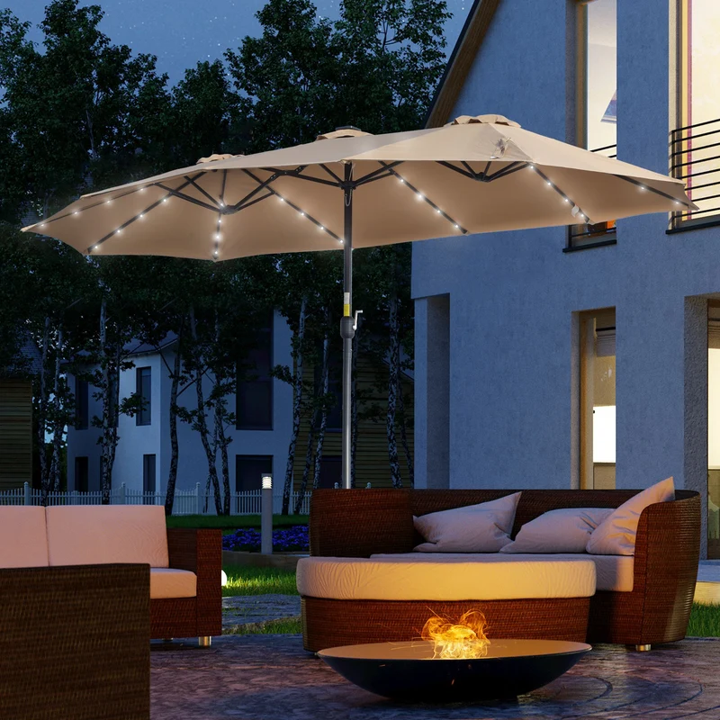 Outsunny Sombrilla Doble De Jardín Con 48 Luces Led Solar 450x265x240 Cm Caqui