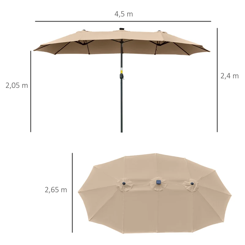 Outsunny Sombrilla Doble De Jardín Con 48 Luces Led Solar 450x265x240 Cm Caqui