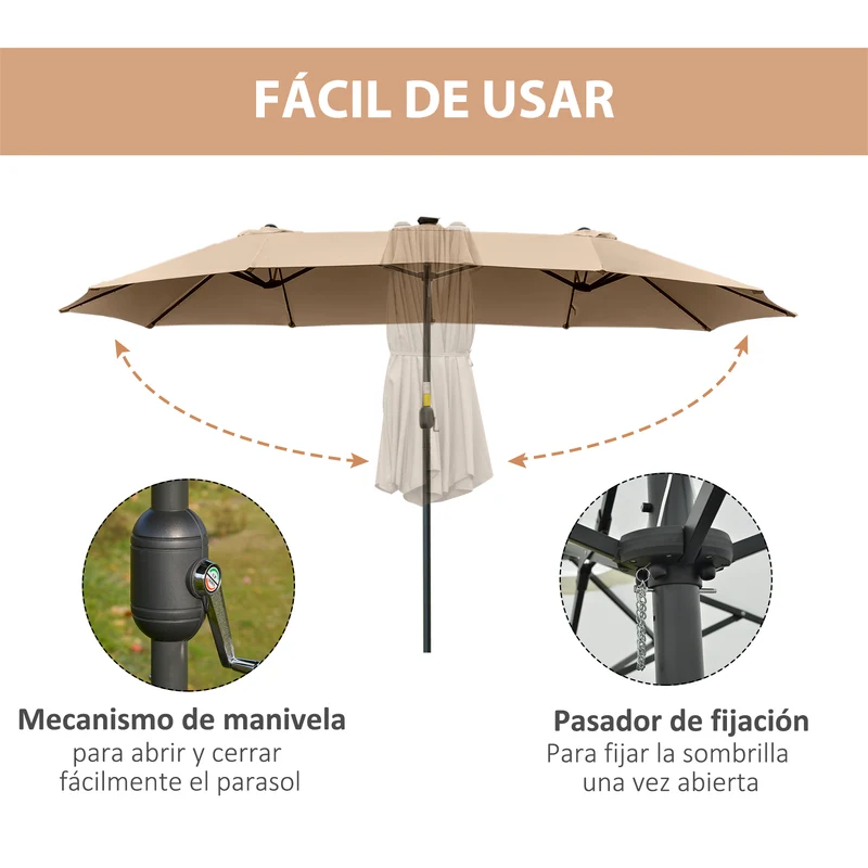 Outsunny Sombrilla Doble De Jardín Con 48 Luces Led Solar 450x265x240 Cm Caqui