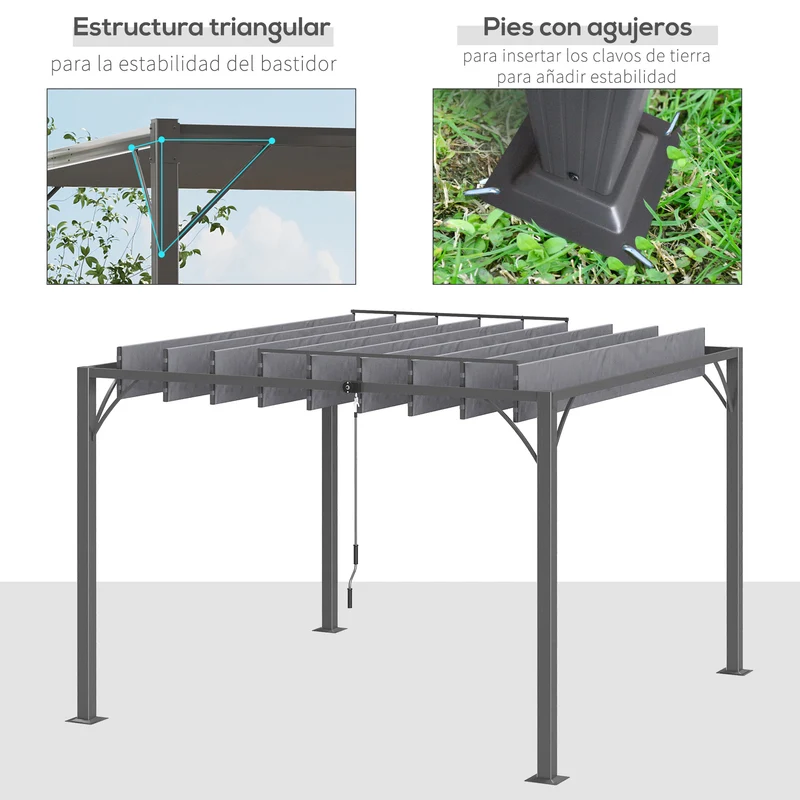 Outsunny Pérgola 3x3 M Con Diseño De Lamas Superior Giratorio Hasta 135° Gris