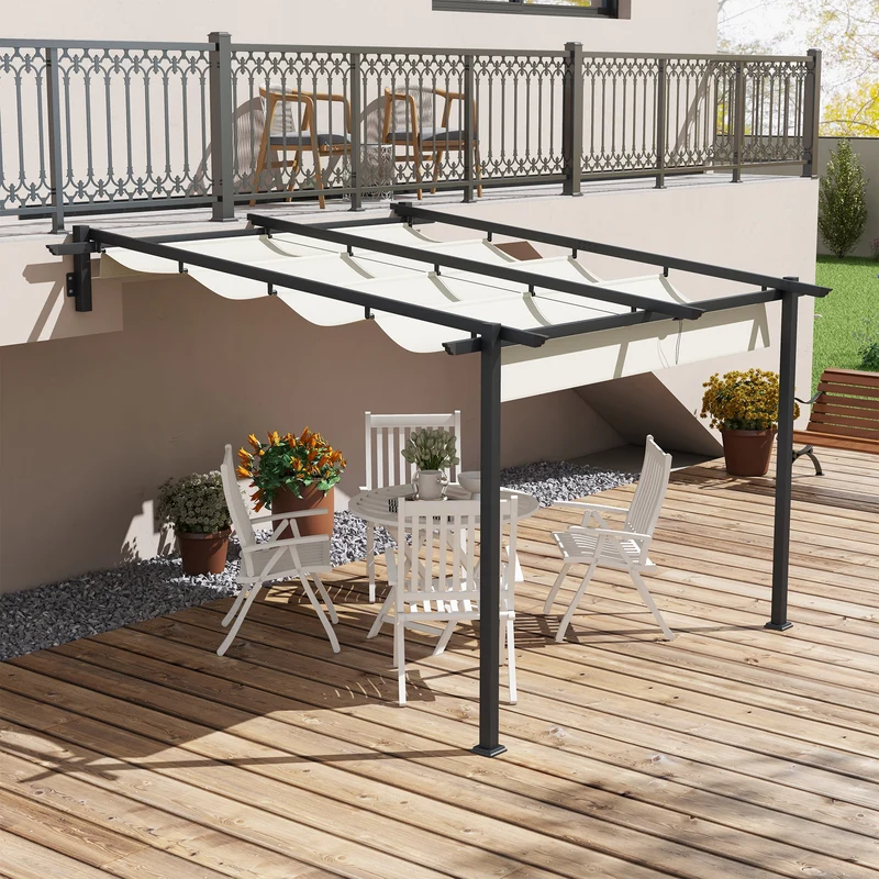 Outsunny Pérgola De Pared 3x3 M Con Techo Retráctil De Poliéster Crema Y Gris