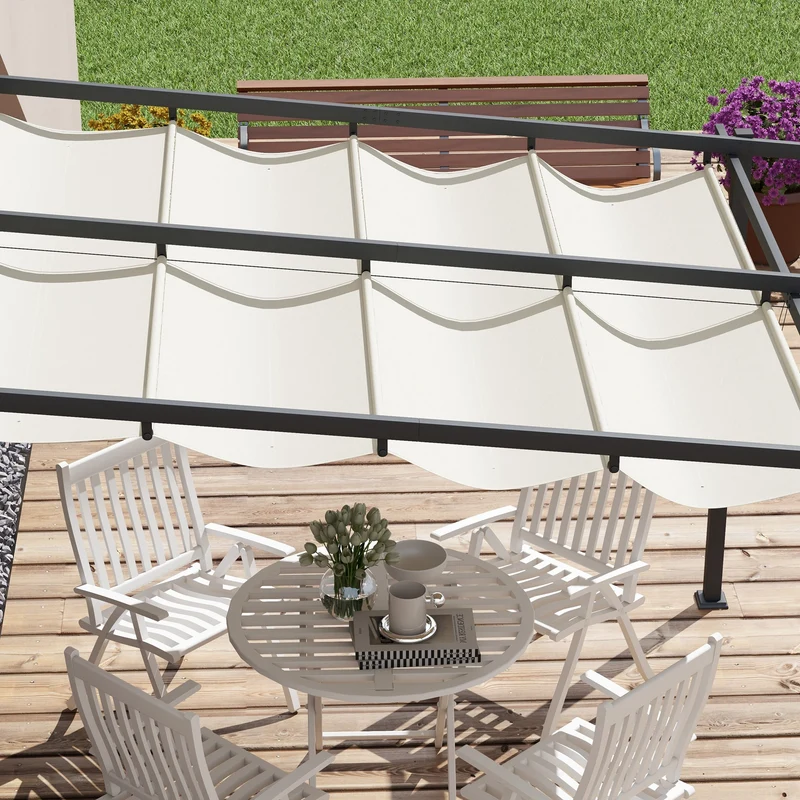 Outsunny Pérgola De Pared 3x3 M Con Techo Retráctil De Poliéster Crema Y Gris