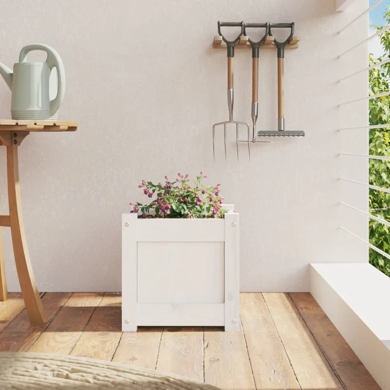 Jardinera De Madera Maciza De Pino Blanca 31x31x31 Cm
