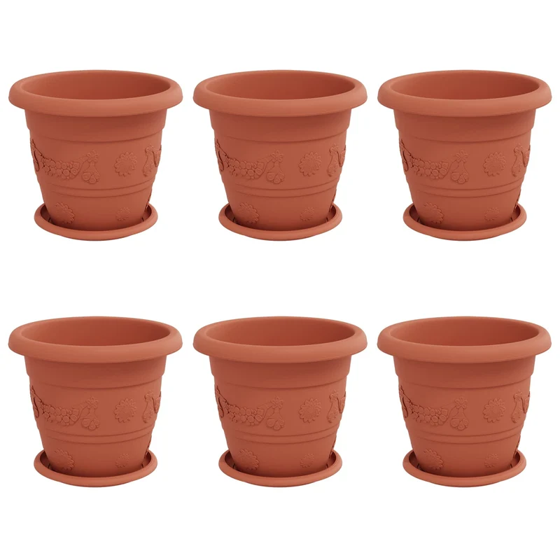 Macetas 6 Uds. Rojo Ladrillo Ø 26 X 21.5 Cm Plástico