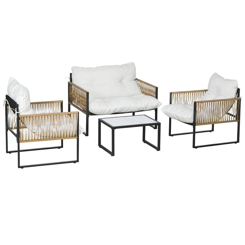 Outsunny Conjunto De Jardín Exterior De Ratán Sintético De 4 Piezas Crema