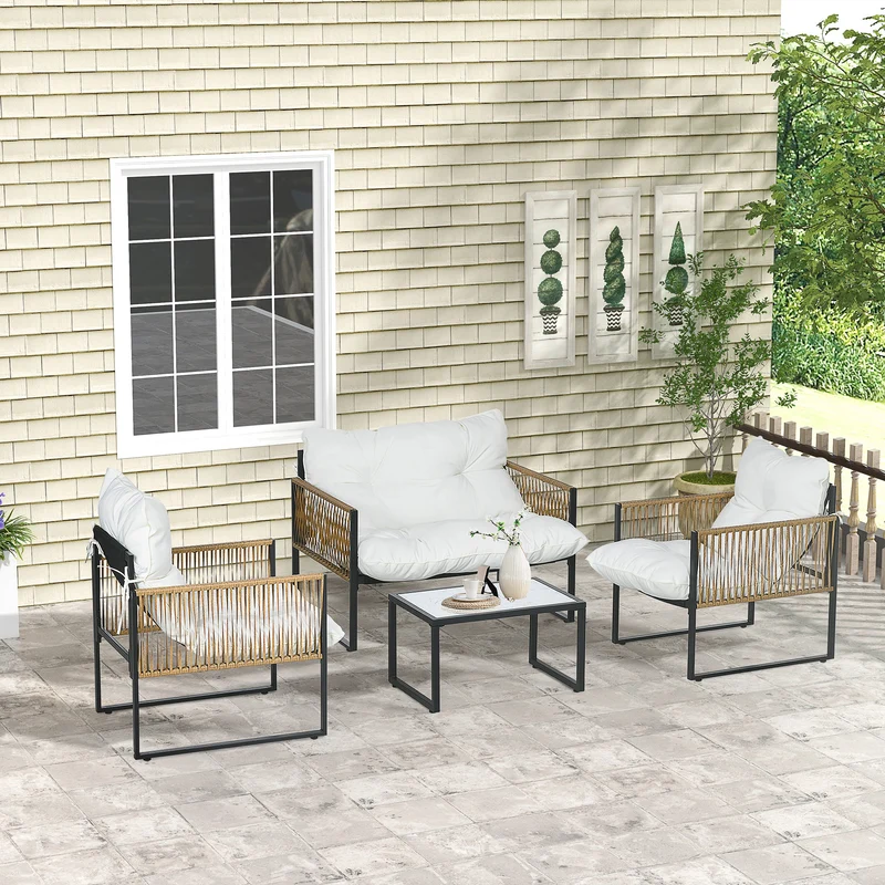 Outsunny Conjunto De Jardín Exterior De Ratán Sintético De 4 Piezas Crema