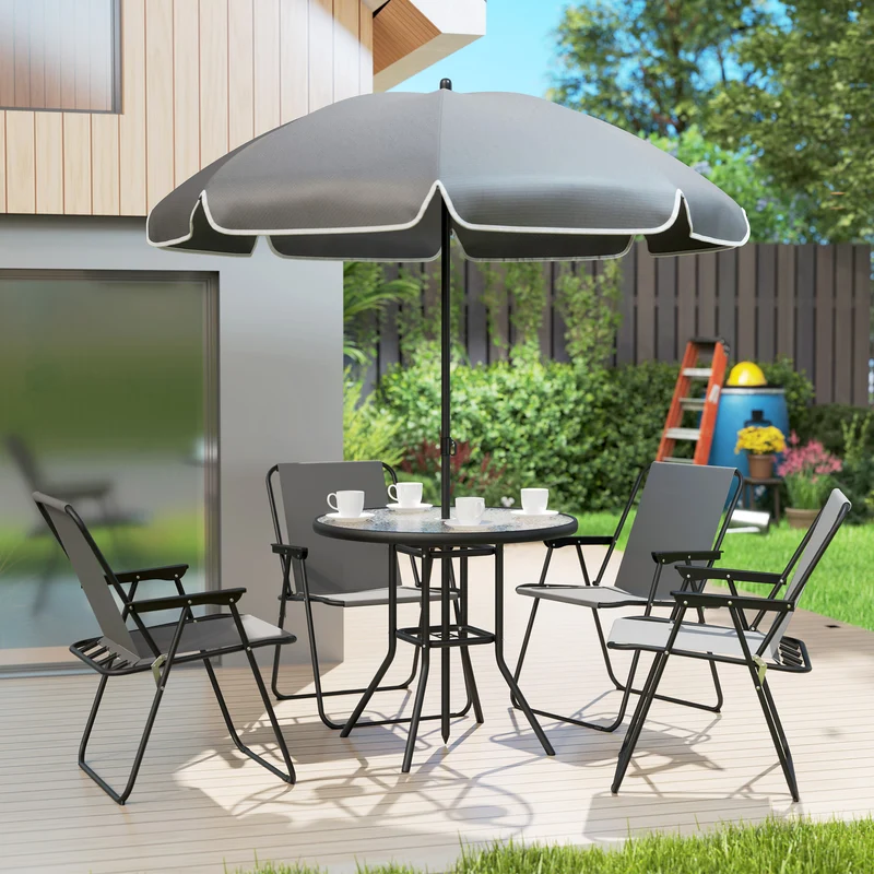 Outsunny Conjunto De Mesa Y Sillas Jardín De 6 Piezas Con Sillas Mesa Y Parasol