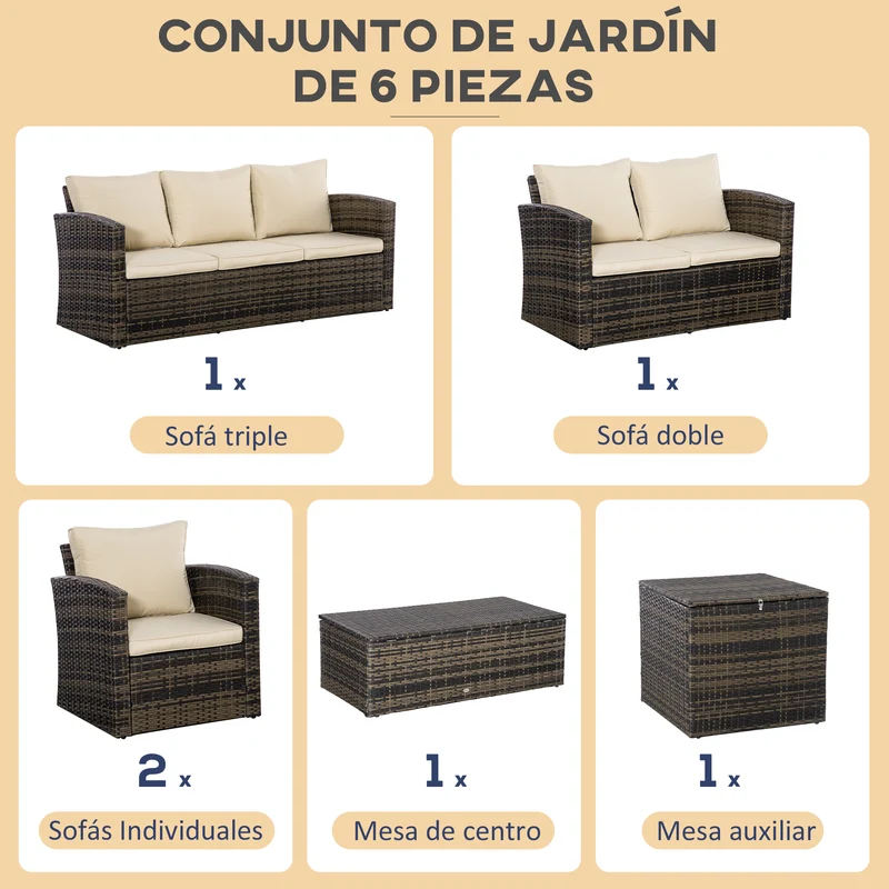 Outsunny Conjunto De Jardín Exterior De Ratán Sintético De 6 Piezas Caqui