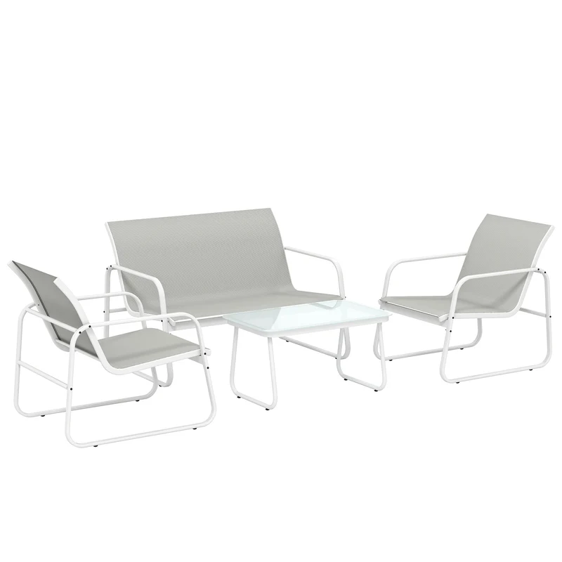 Outsunny Juego Jardín Exterior De 4 Piezas Tela Textilene Mesa De Vidrio Gris