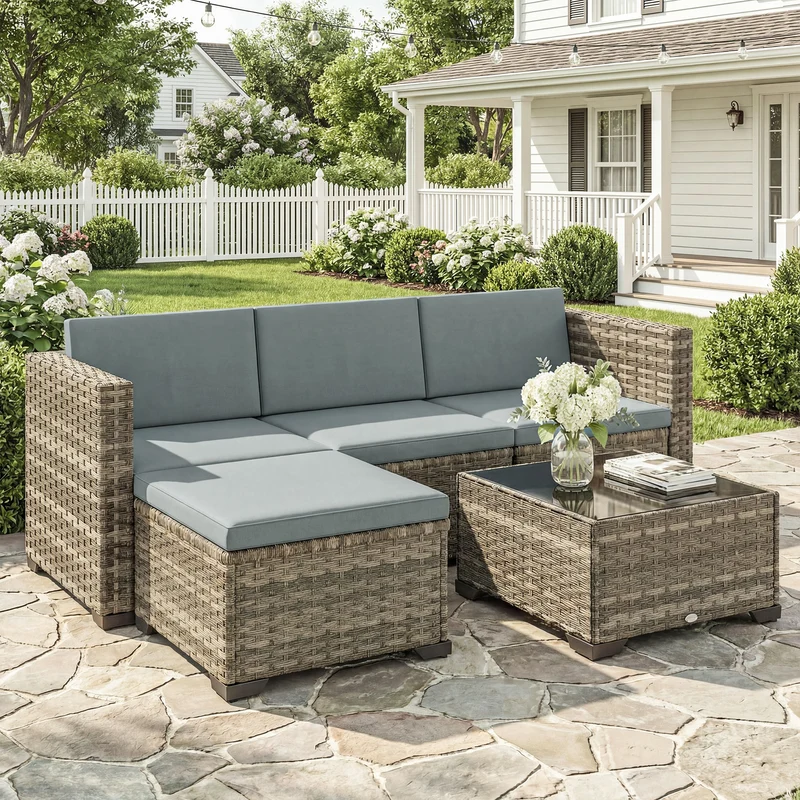 Outsunny Conjunto Muebles Jardín Exterior De Ratán 5 Piezas Cojines Gris Claro