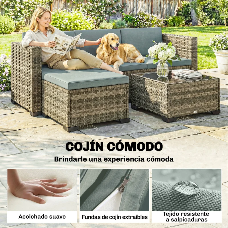 Outsunny Conjunto Muebles Jardín Exterior De Ratán 5 Piezas Cojines Gris Claro