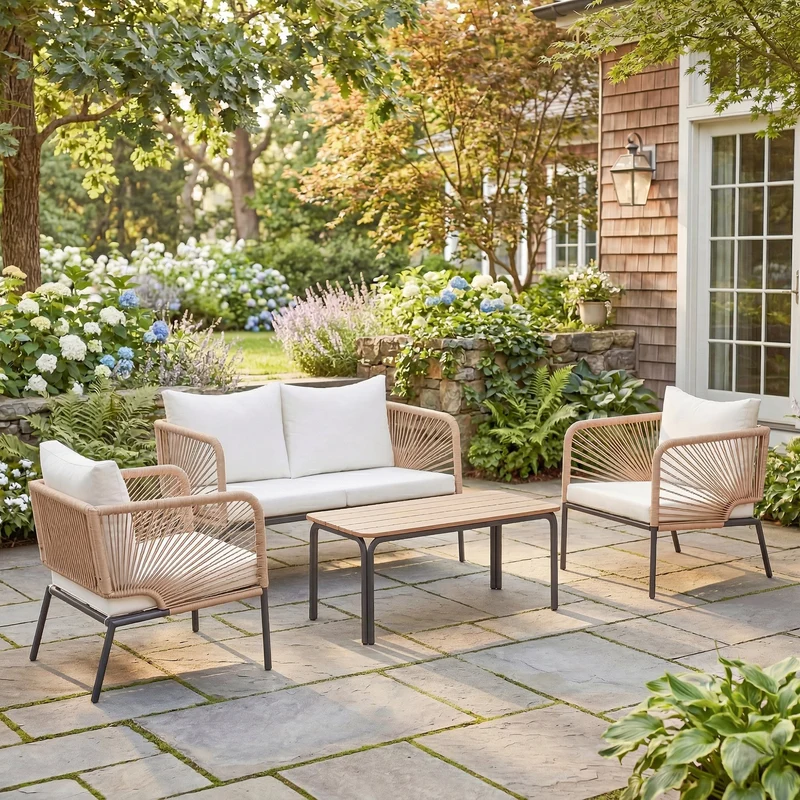Outsunny Conjunto Jardín Exterior De 4 Piezas Sofá 2 Plazas 2 Sillones Mesa Wpc