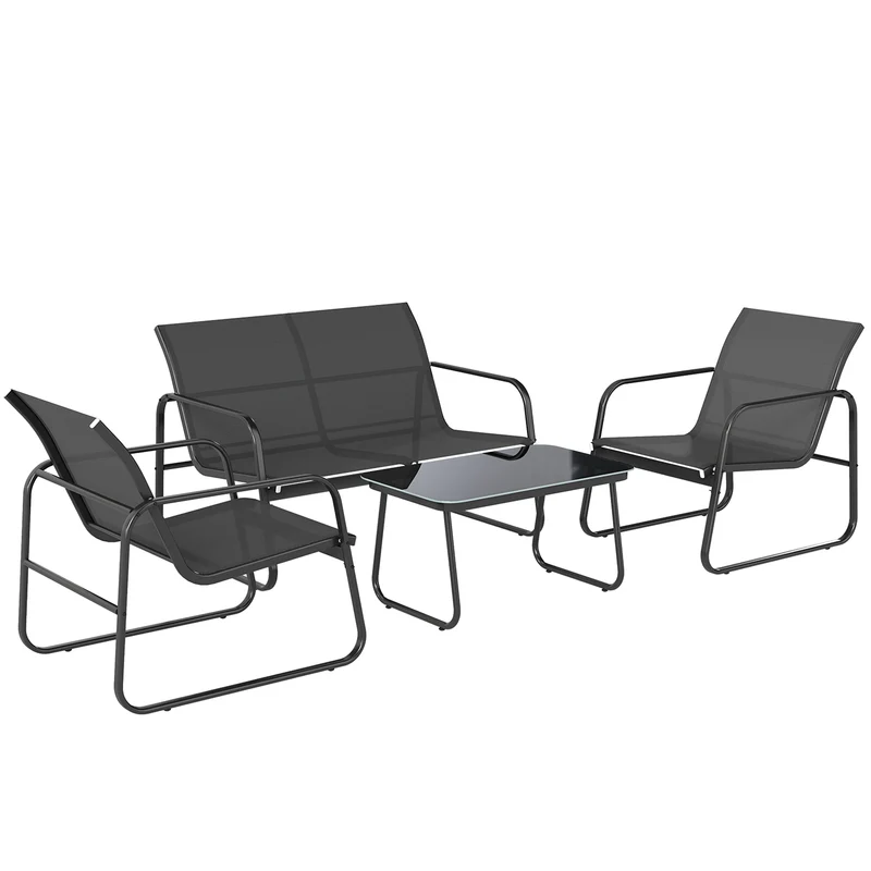 Outsunny Juego Jardín Exterior De 4 Piezas Tela Textilene Mesa De Vidrio Gris