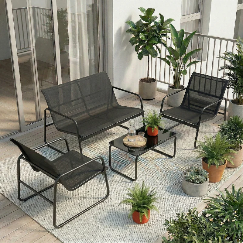 Outsunny Juego Jardín Exterior De 4 Piezas Tela Textilene Mesa De Vidrio Gris