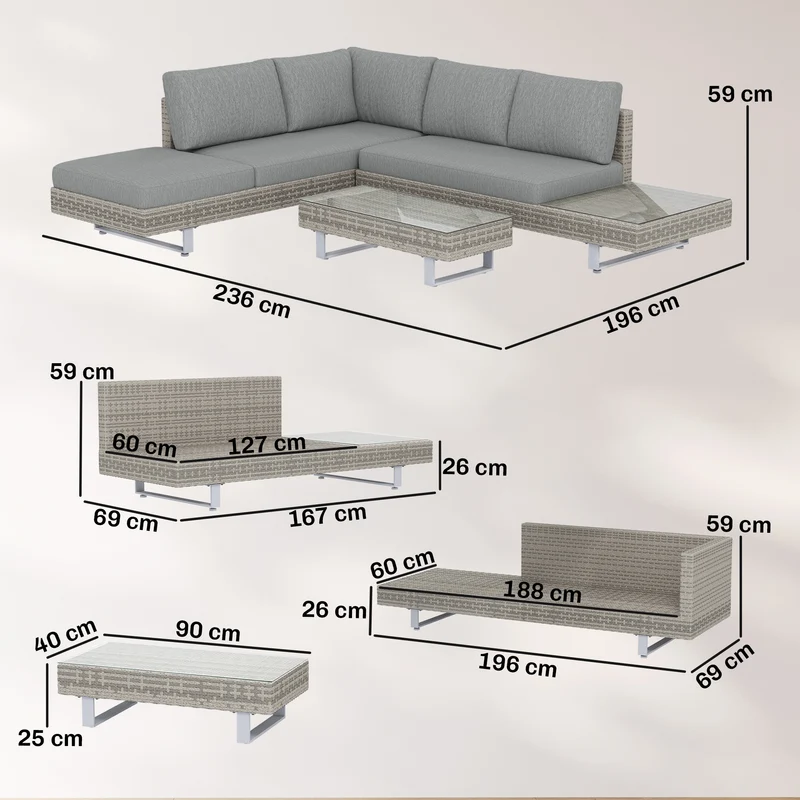 Outsunny Conjunto Muebles Jardín Exterior De Ratán De 3 Piezas Cojines Gris
