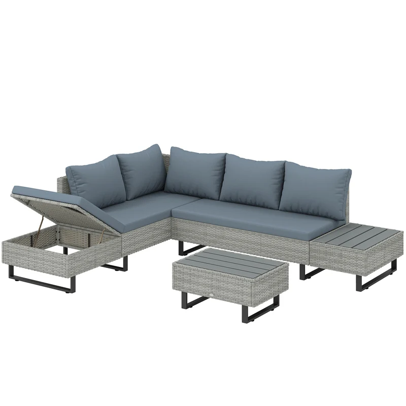 Outsunny Conjunto De Jardín De Ratán De 3 Piezas Respaldo Ajustable Gris