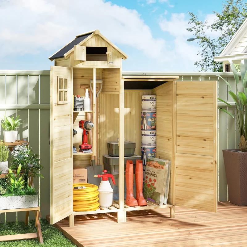 Outsunny Caseta De Jardín De Madera 106x57x167 Cm Con Doble Zona Y 2 Estantes