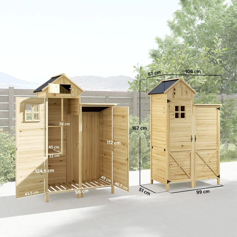 Outsunny Caseta De Jardín De Madera 106x57x167 Cm Con Doble Zona Y 2 Estantes
