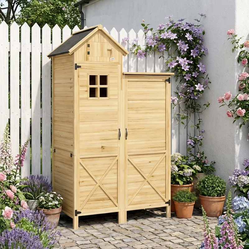 Outsunny Caseta De Jardín De Madera 106x57x167 Cm Con Doble Zona Y 2 Estantes