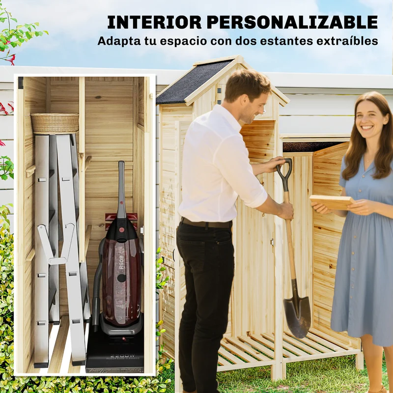 Outsunny Caseta De Jardín De Madera 106x57x167 Cm Con Doble Zona Y 2 Estantes