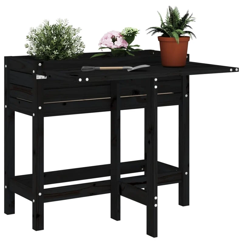 Jardinera Con Tapa Plegable Madera Maciza De Pino Negro