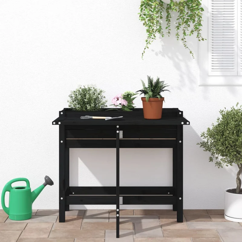 Jardinera Con Tapa Plegable Madera Maciza De Pino Negro