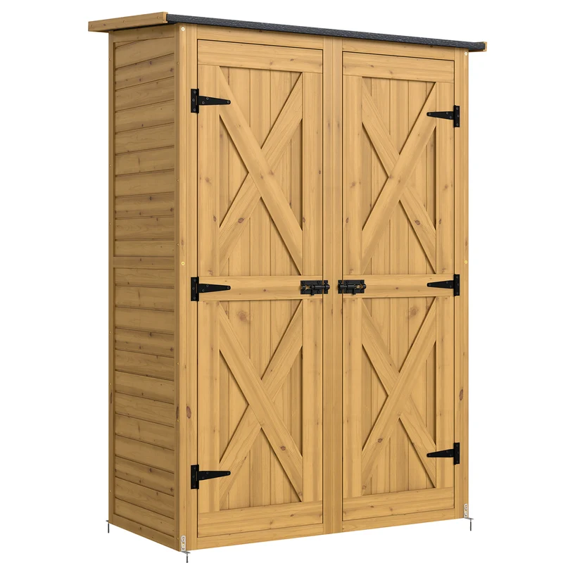 Outsunny Caseta De Jardín De Madera 115x53x156 Cm Con 2 Estantes Y 2 Puertas