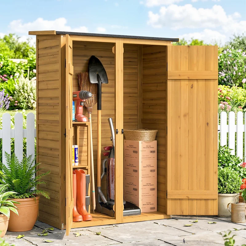 Outsunny Caseta De Jardín De Madera 115x53x156 Cm Con 2 Estantes Y 2 Puertas