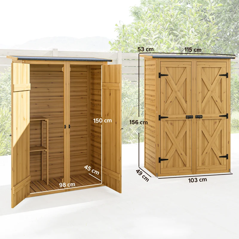 Outsunny Caseta De Jardín De Madera 115x53x156 Cm Con 2 Estantes Y 2 Puertas