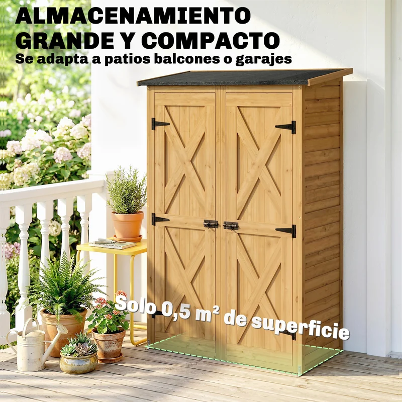 Outsunny Caseta De Jardín De Madera 115x53x156 Cm Con 2 Estantes Y 2 Puertas