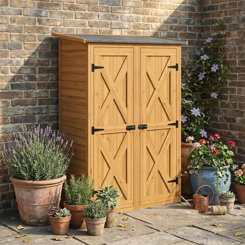 Outsunny Caseta De Jardín De Madera 115x53x156 Cm Con 2 Estantes Y 2 Puertas