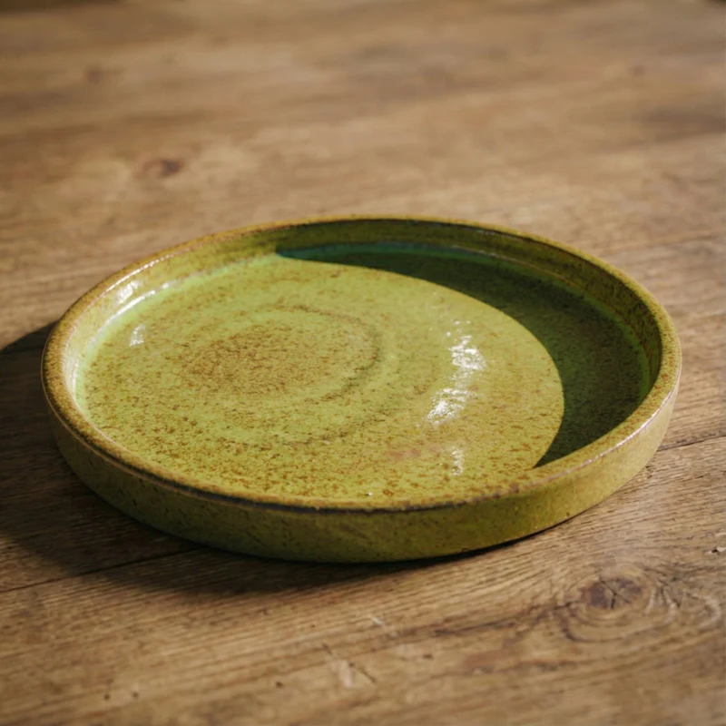 Soucoupe 28cm vert de lac faite à la main en terre cuite émaillée