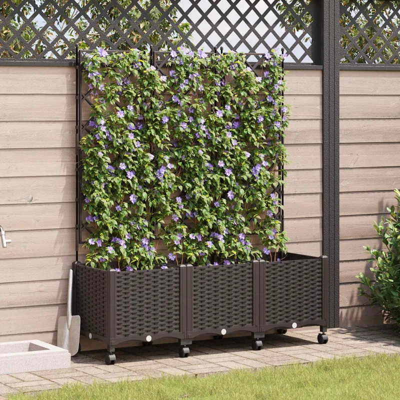 Jardinera Con Enrejado Y Ruedas 3 Uds. Marrón 120 X 40 X 149 Cm
