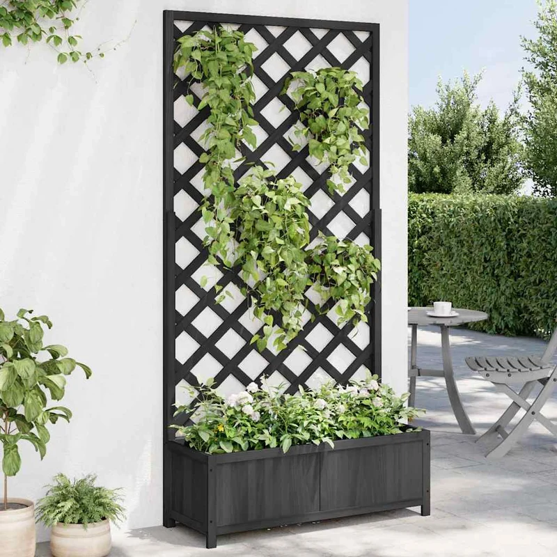 Jardinera Con Enrejado Negro 90x35x180 Cm Madera Maciza De Abeto